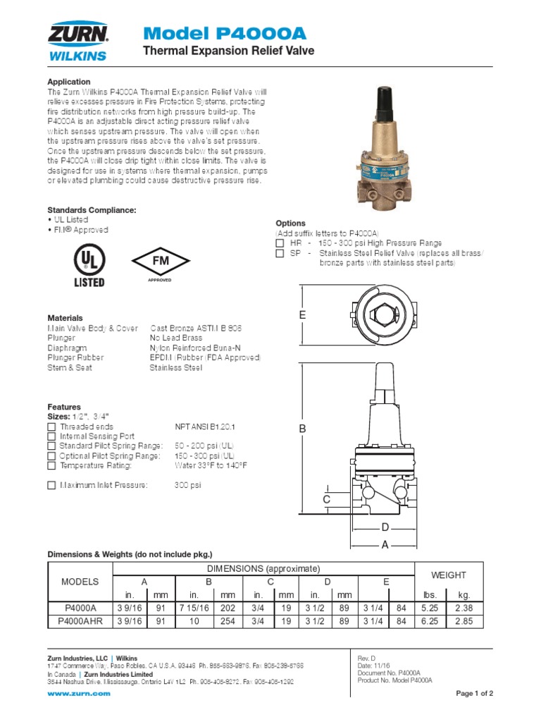 P4000A Thermal Expansion Relief Valve PDF Valve Tools