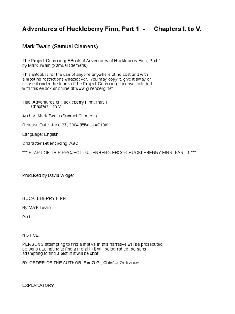 Adventures of Huckleberry Finn, Part 1 Chapters I. To V PDF
