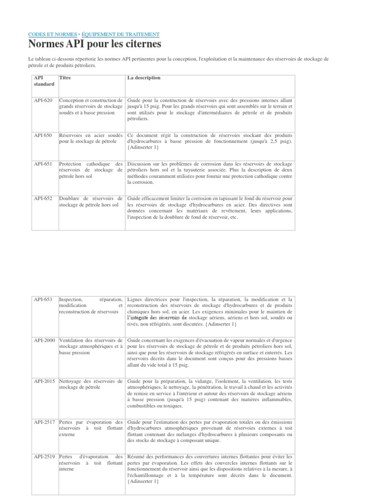 Normes API pour réservoirs de stockage | PDF | Stockage de l'énergie ...