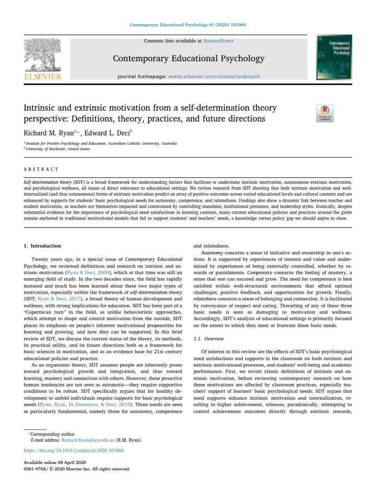 Intrinsic and Extrinsic Motivation From A Selfdetermination Theory ...