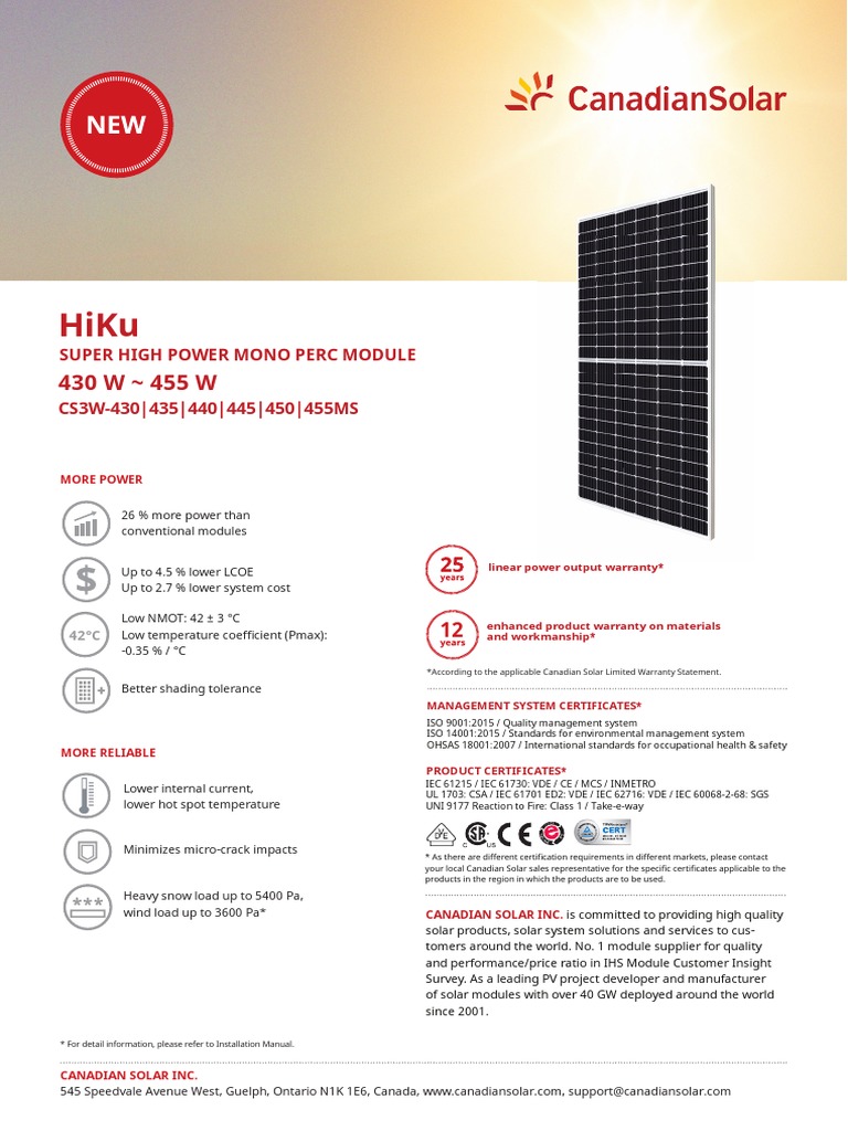 Placa Solar Monocristalina 455 WP Canadian Solar cs3w 455ms | PDF ...