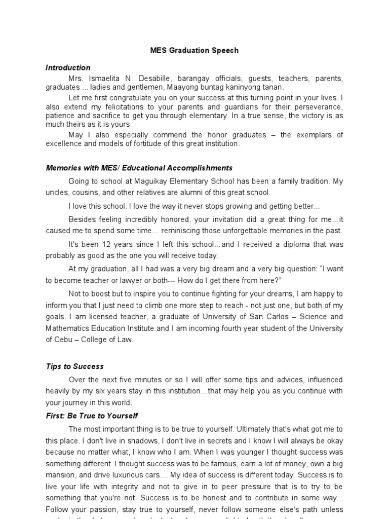 Inspiring Graduation Speech for MES | PDF | Self Esteem | Schools