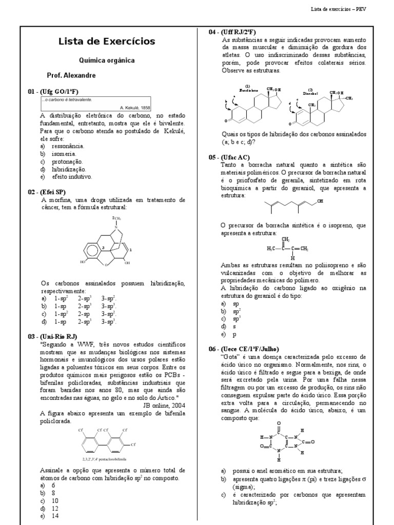 Exercicios De Quimica Organica Ligações Simples Duplas E Triplas