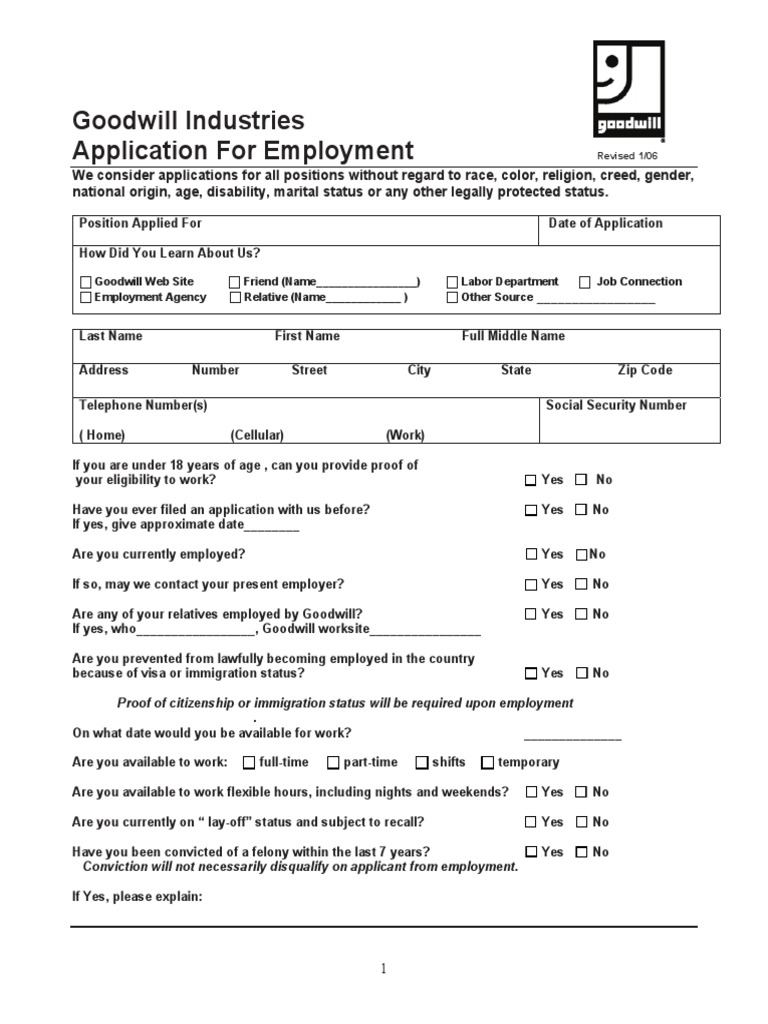 Application for Employment at Goodwill Industries PDF Employment