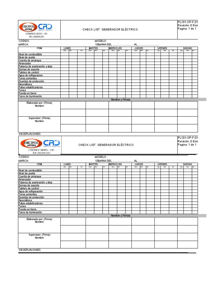Checklist Semanal Generador Eléctrico | PDF | Tecnologías automotrices ...