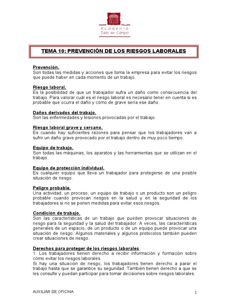 Tema 10 - Prevención de Los Riesgos Laborales | PDF | Riesgo | Valores