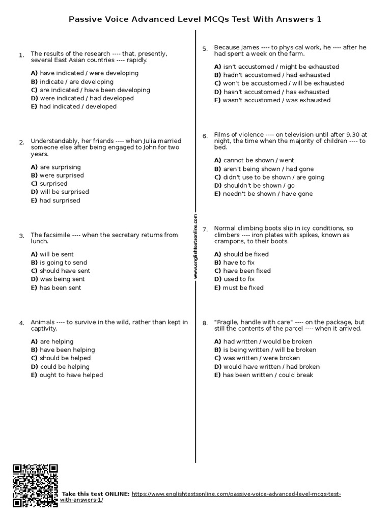 891 PassiveVoiceAdvancedLevelMcqsTestWithAnswers1