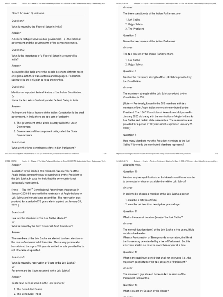 Section A Chapter 1 The Union Parliament Solutions For Class 10