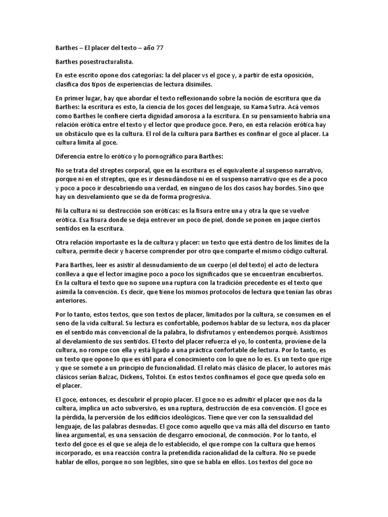 Barthes - El Placer Del Texto - Año 77 | PDF | Erotismo | Felicidad