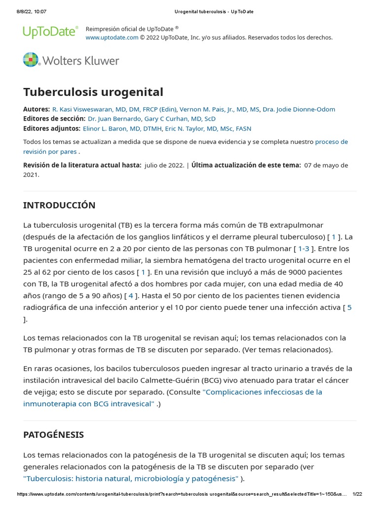 Urogenital Tuberculosis UpToDate PDF Tuberculosis Mycobacterium
