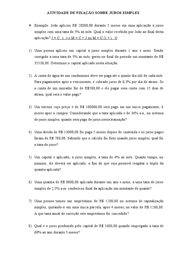 Atividade de Fixação Sobre Juros Simples | PDF