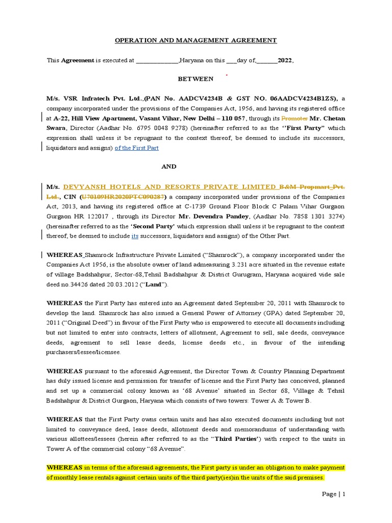 Operation and Management Agreement | PDF | Lease | Breach Of Contract