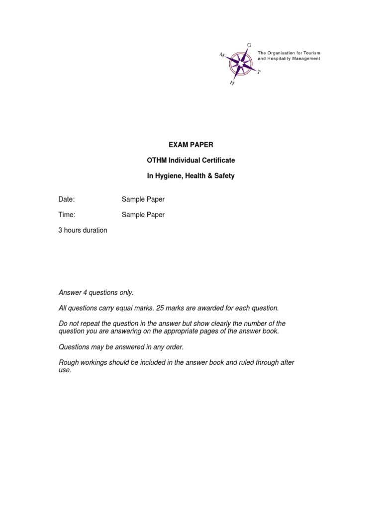 Hygiene, Health & Safety Exam Paper | PDF | Hygiene | Occupational ...