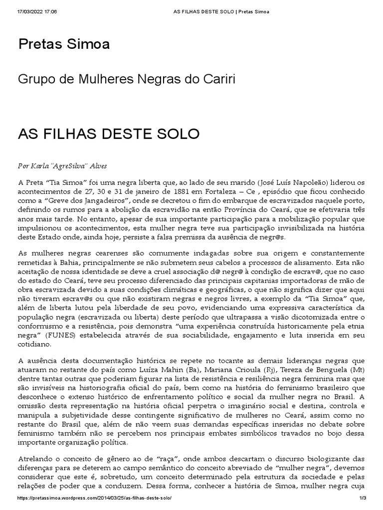 A Luta de Preta Tia Simoa no Ceará | PDF | Sociologia | Feminismo