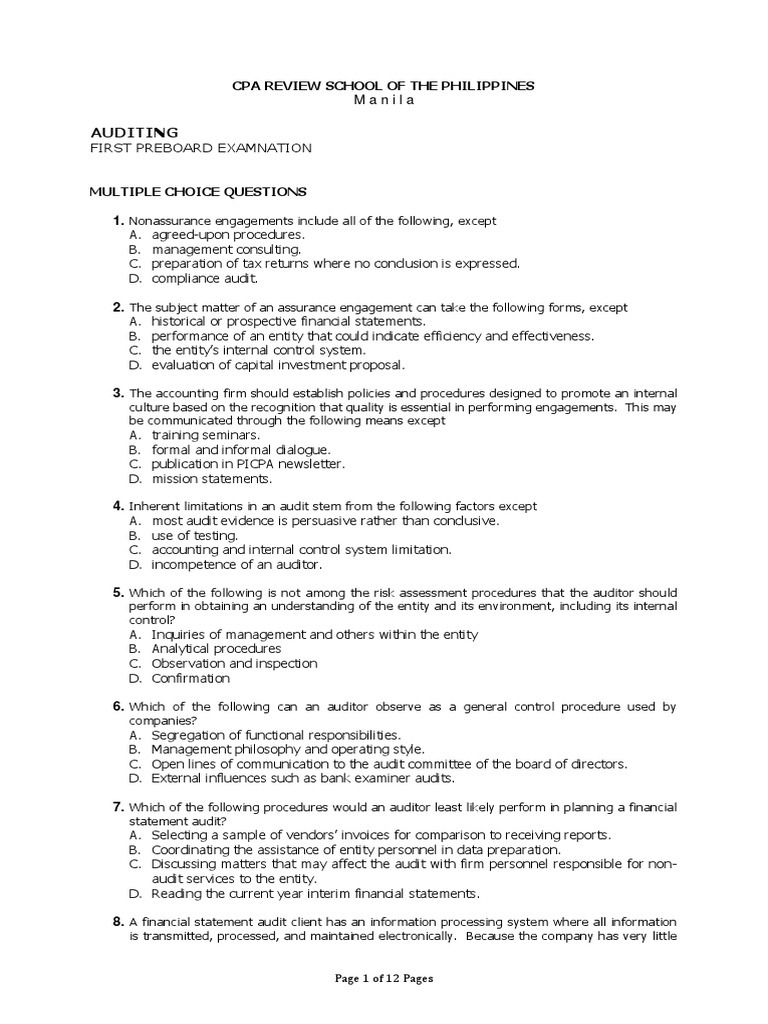 CPAR Auditing Preboard Exam Guide | PDF | Financial Audit | Internal ...