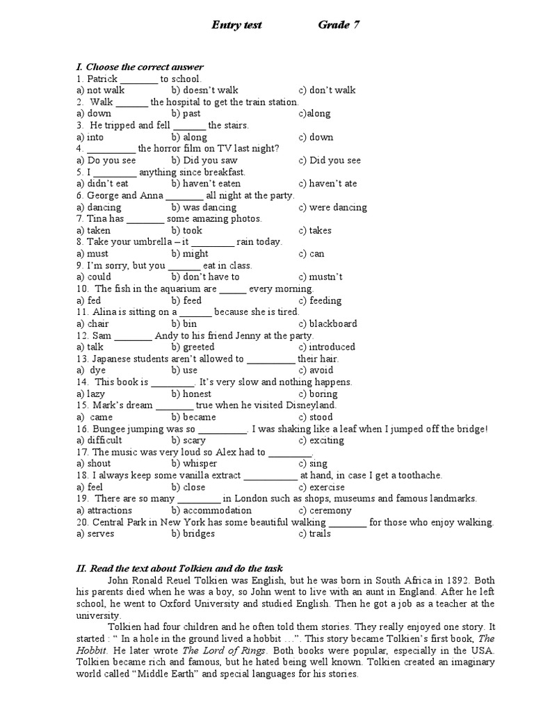 Entry Test Grade 7 2021 Pdf J R R Tolkien The Lord Of The Rings