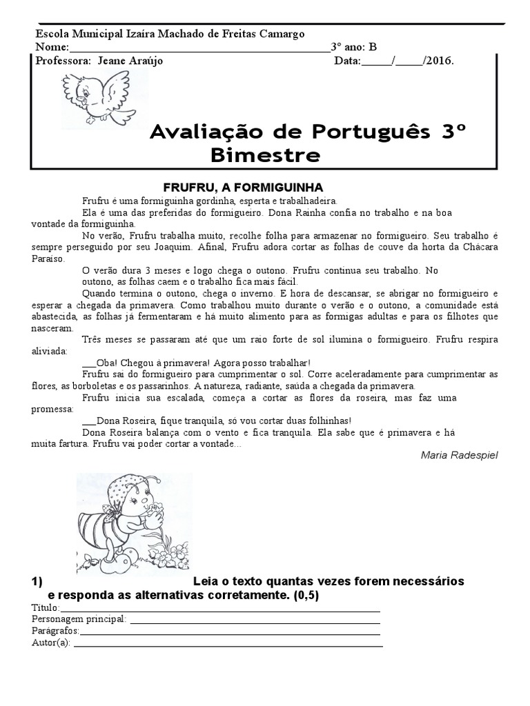 Idoc - Pub Avaliaao de Portugues 3 Ano 3 Bimestre | PDF | Sílaba