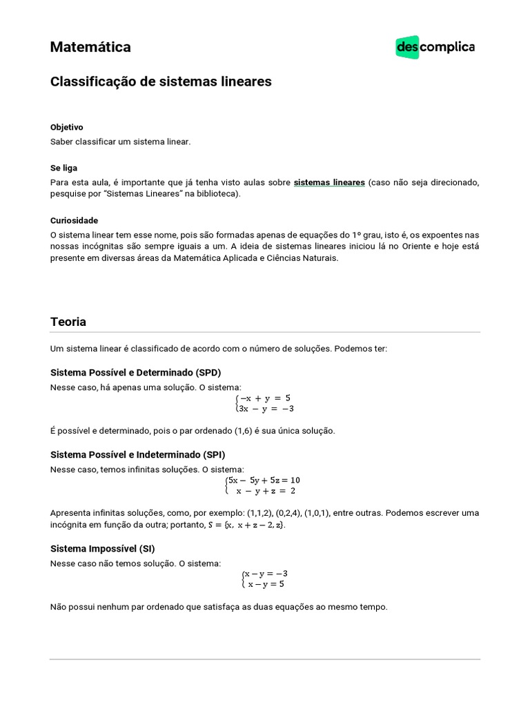 Matemática2-Classificação de Sistemas Lineares | PDF | Sistema de ...