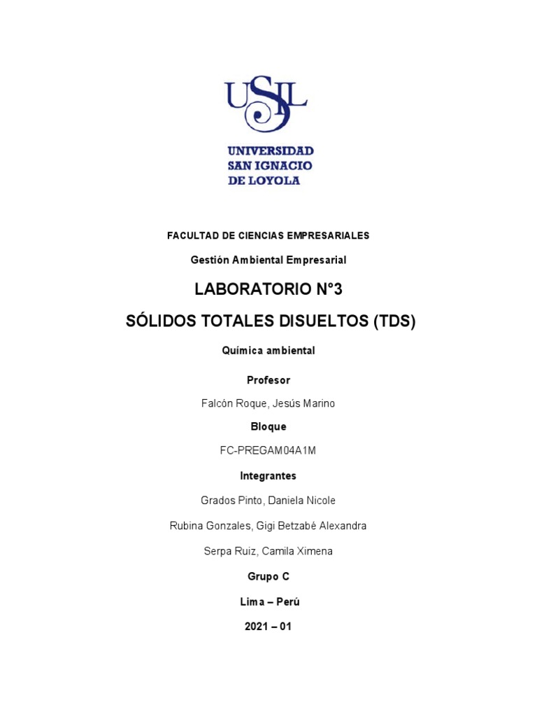 Laboratorio 3 Sólidos Totales Disueltos (TDS) PDF Solubilidad Agua