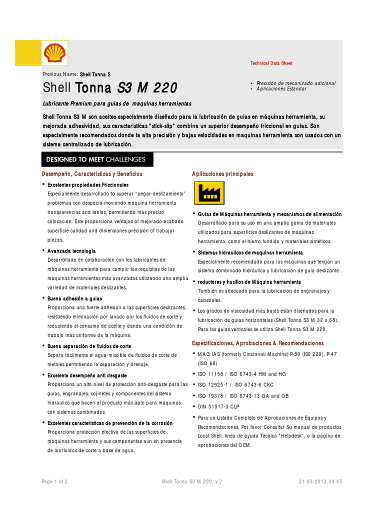 Shell Tonna S3 M 220: Lubricante Premium | PDF | Herramienta de máquina ...