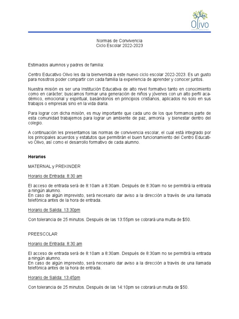 Normas de Convivencia Escolar 2022-2023 | PDF | Educación de la primera ...
