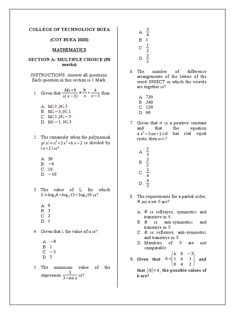 COT BUEA 2020 (Maths Questions) PDF Quadratic Equation Mathematics