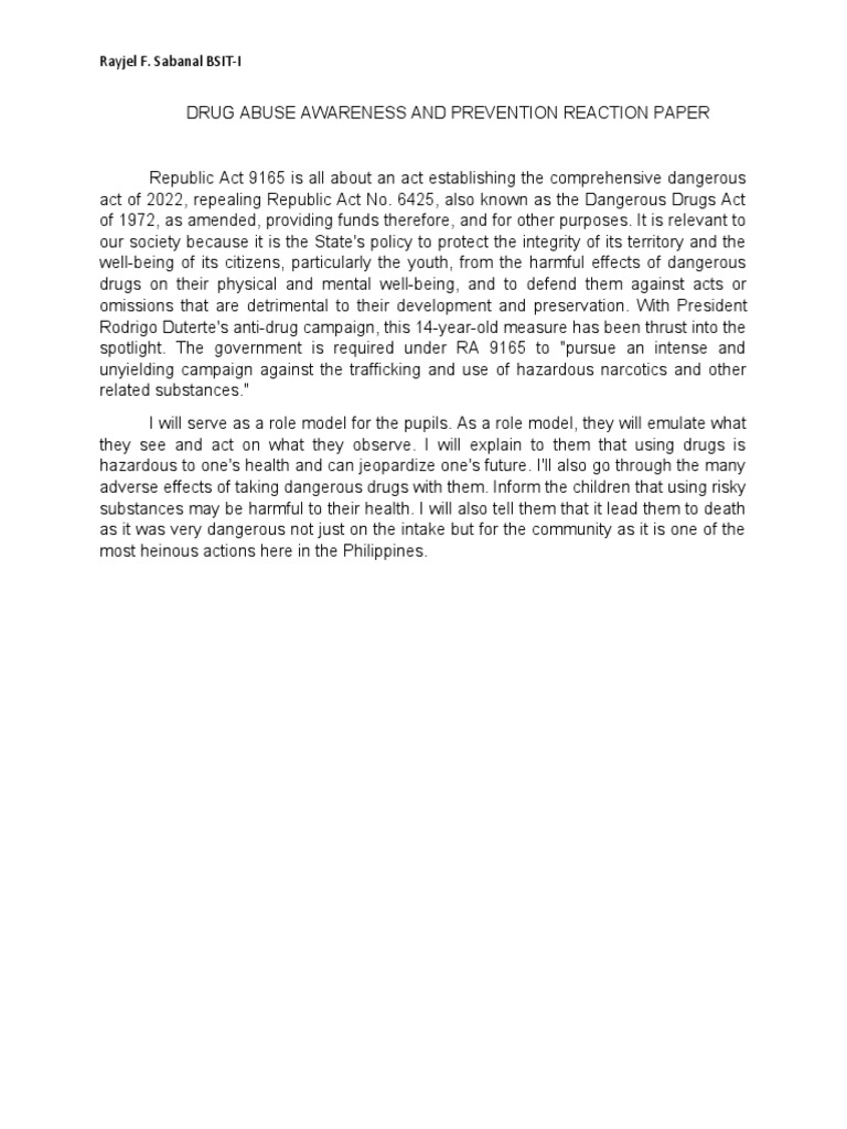 Drug Abuse Awareness and Prevention Reaction Paper | PDF | Self-Improvement