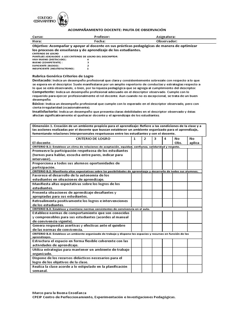 Acompañamiento Docente Pauta de Observacion | PDF | Maestros | Aprendizaje