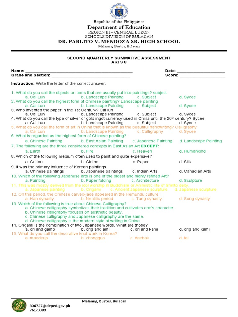 Summative Assessment On East Asian Art Forms For Arts 8 Students Of Dr