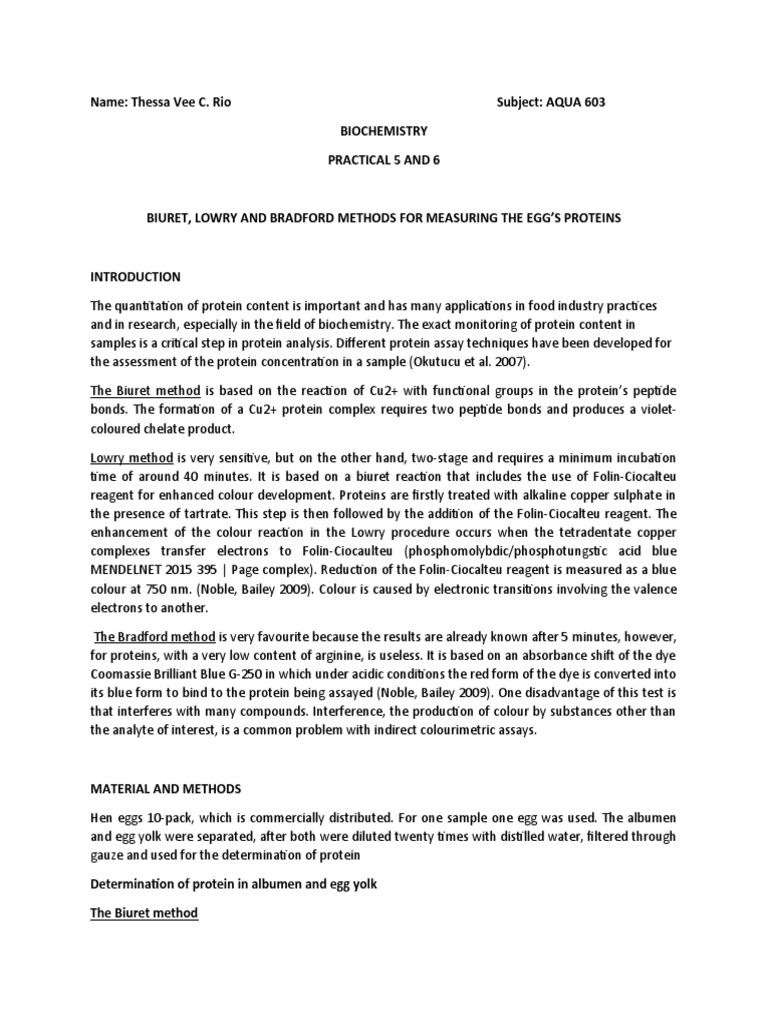 Quantification of Egg Proteins Using Biuret, Lowry, and Bradford Methods and Isolation and