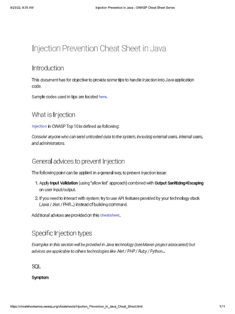 Injection Prevention Cheatsheet Java PDF