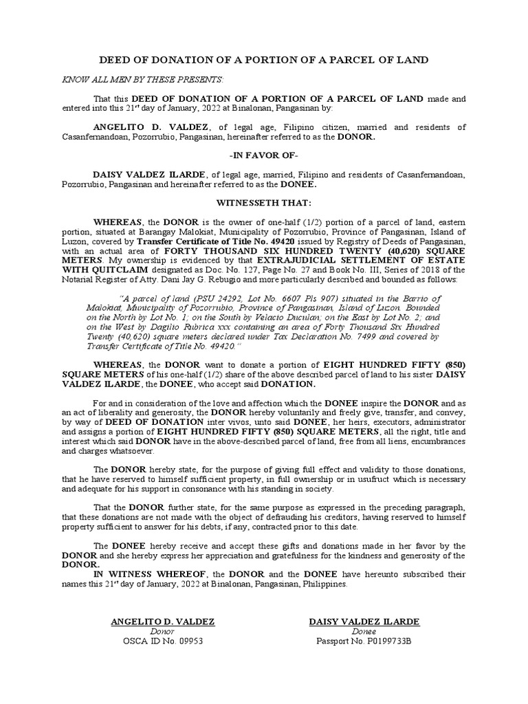 Deed of donation of a portion of a parcel of land pdf notary public