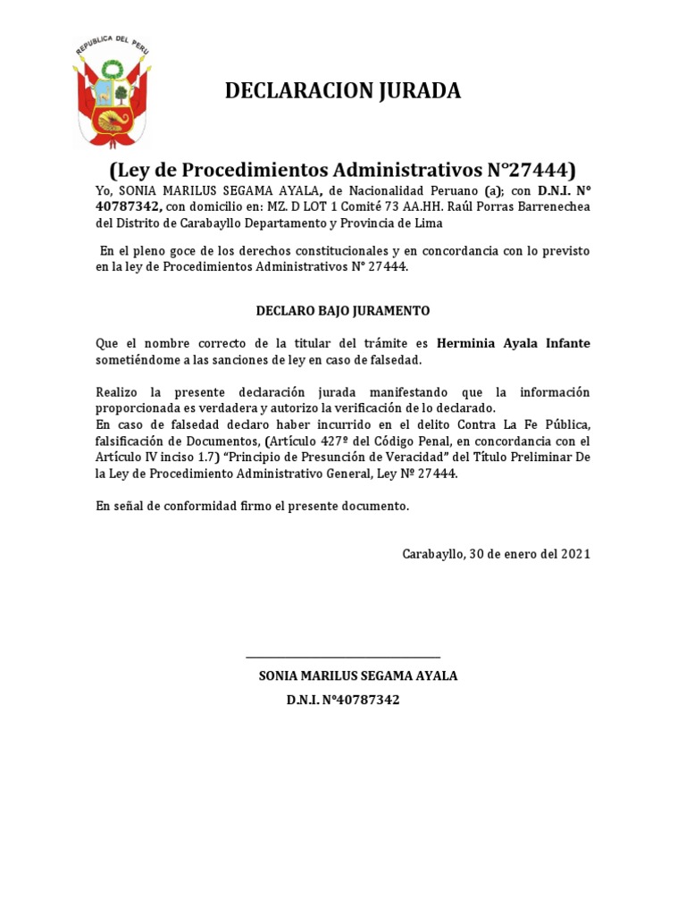 Declaración Jurada Ley 27444 Perú | PDF | Ley Pública | Gobierno