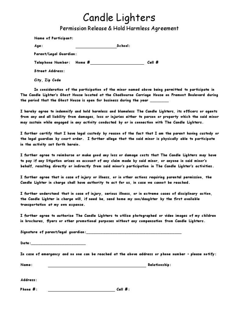 Candlelighters Ghost House 2016 Permission Slip PDF Indemnity Civil Law (Legal System)