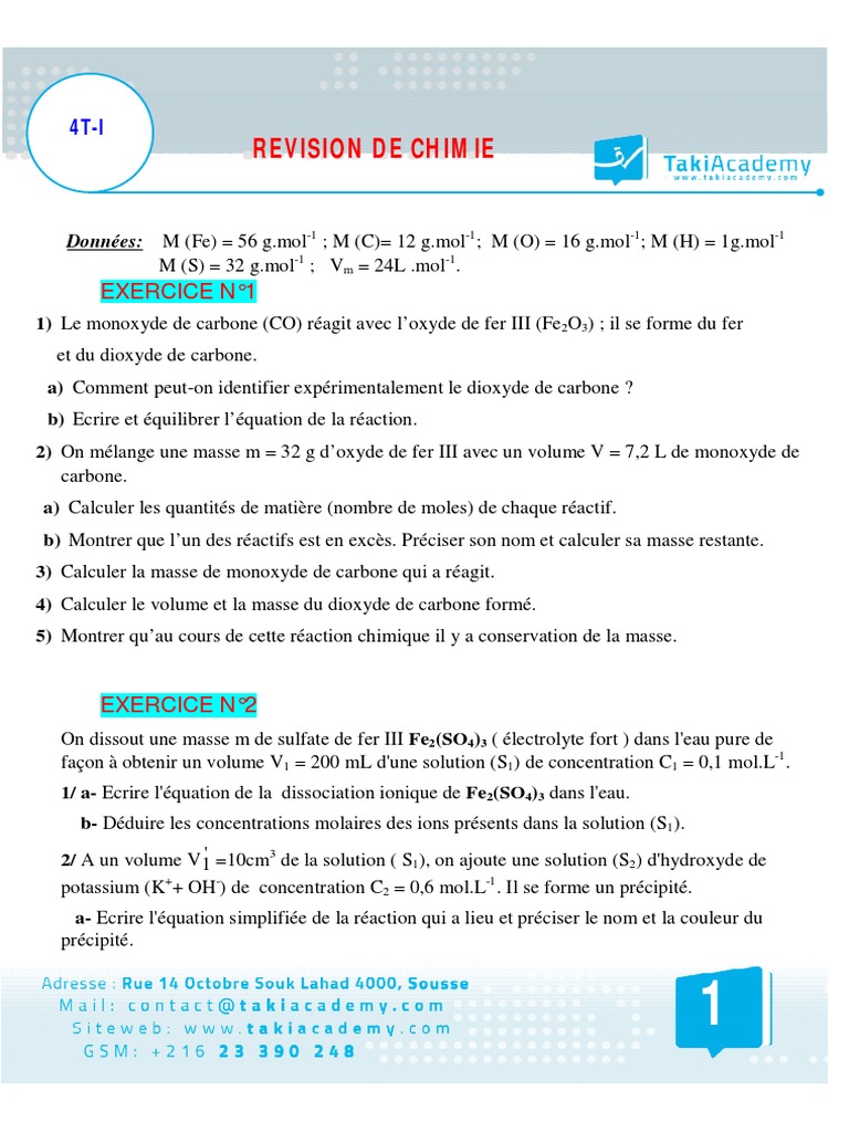 Révision de chimie : réactions et calculs | PDF | Concentration molaire ...