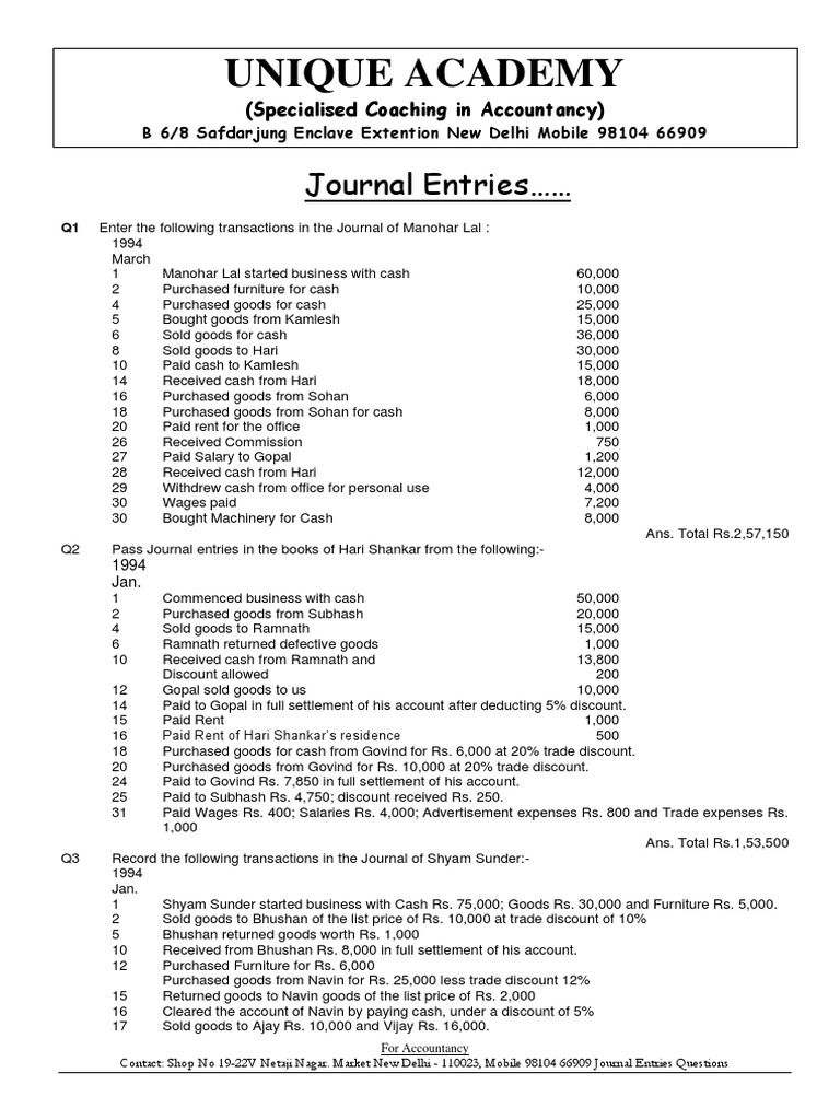 Journal Entries Questions 123 PDF Cheque Discounting