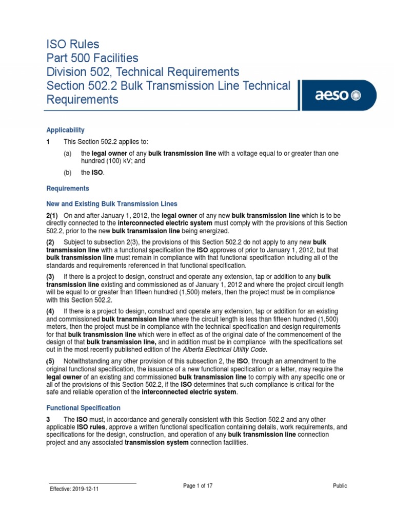 AESO Section 502.2 Bulk Transmission Line Technical Requirements
