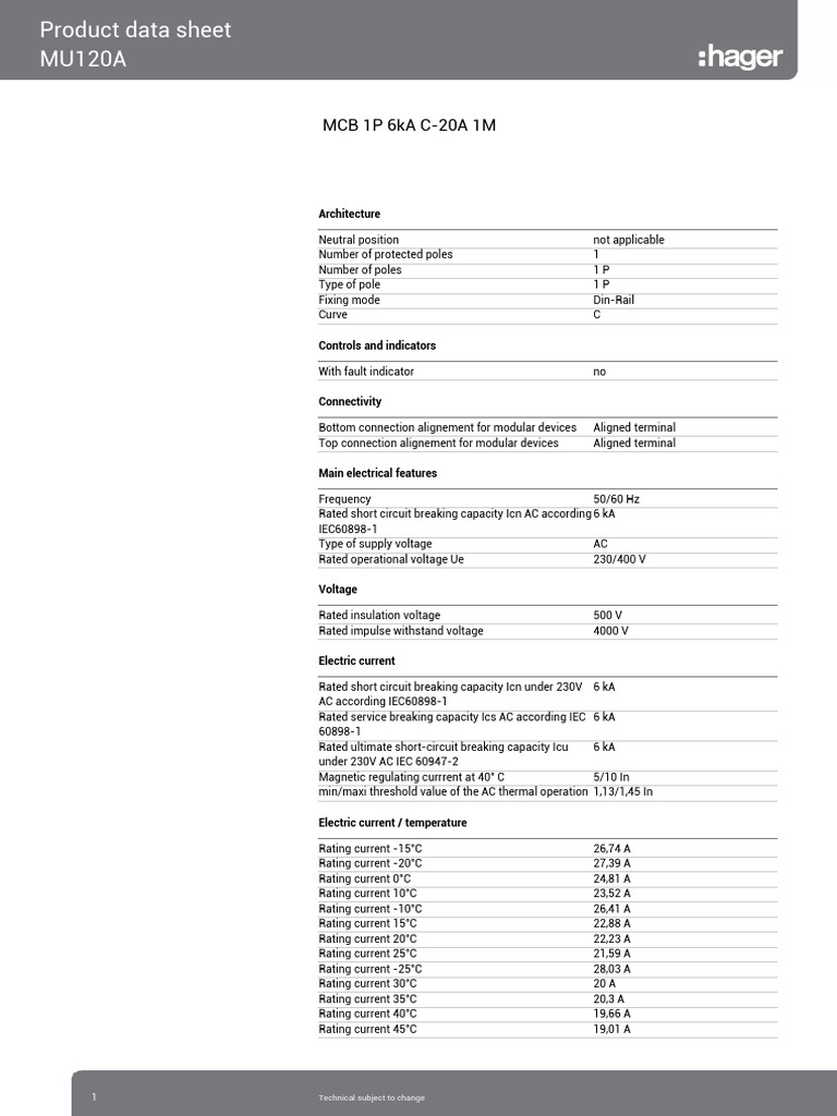 MCB Hager MU120A Datasheet | PDF | Alternating Current | Mains Electricity