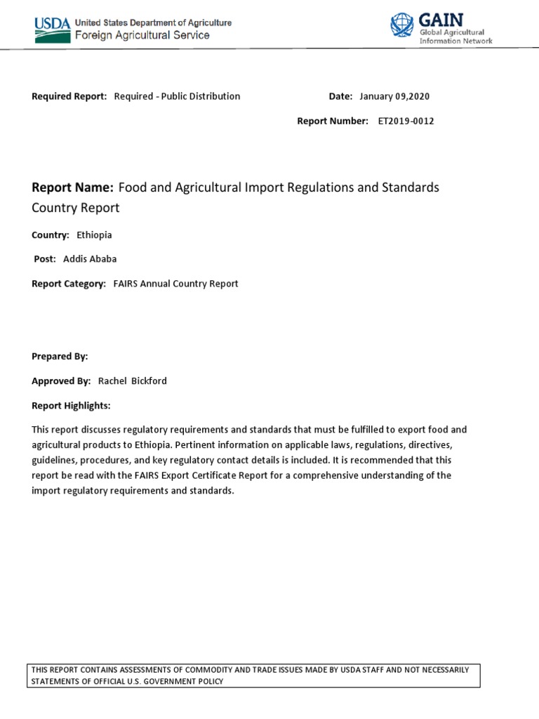 Ethiopia Food Import Regulations Report | PDF | Foods | Food Safety
