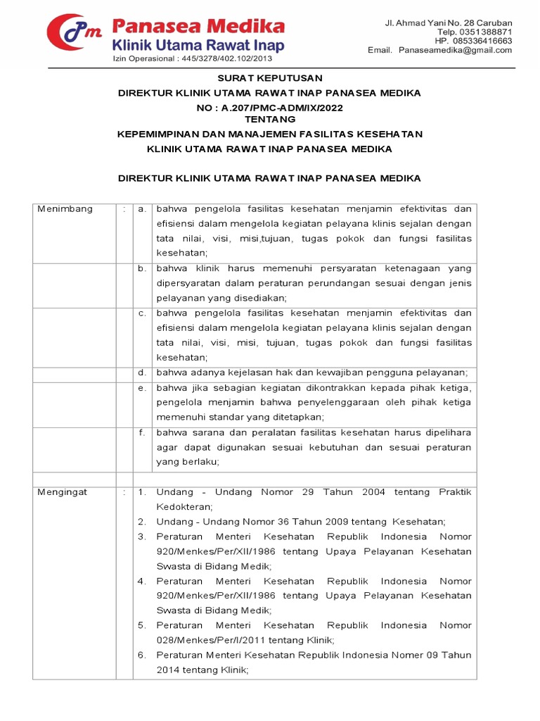 Manajemen Operasional Klinik Utama Rawat Inap Panasea Medika Pdf