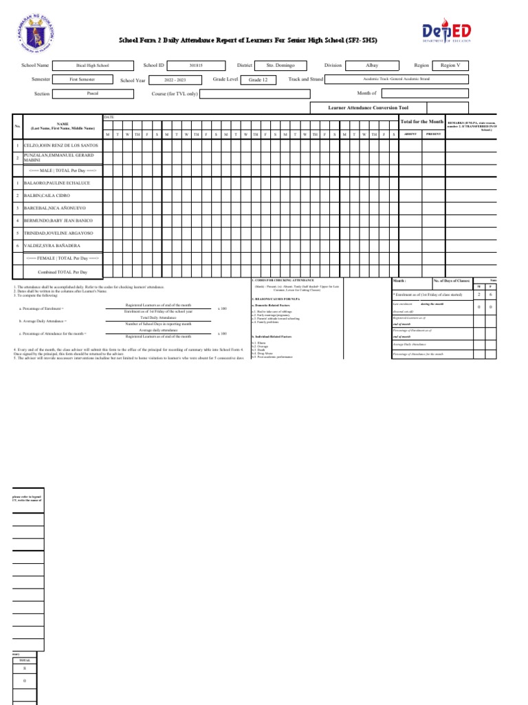 School Form 2 (SF 2) PDF Human Life Stages Family