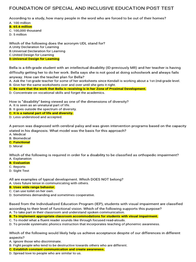 Foundation of Special and Inclusive Education Post Test | PDF ...