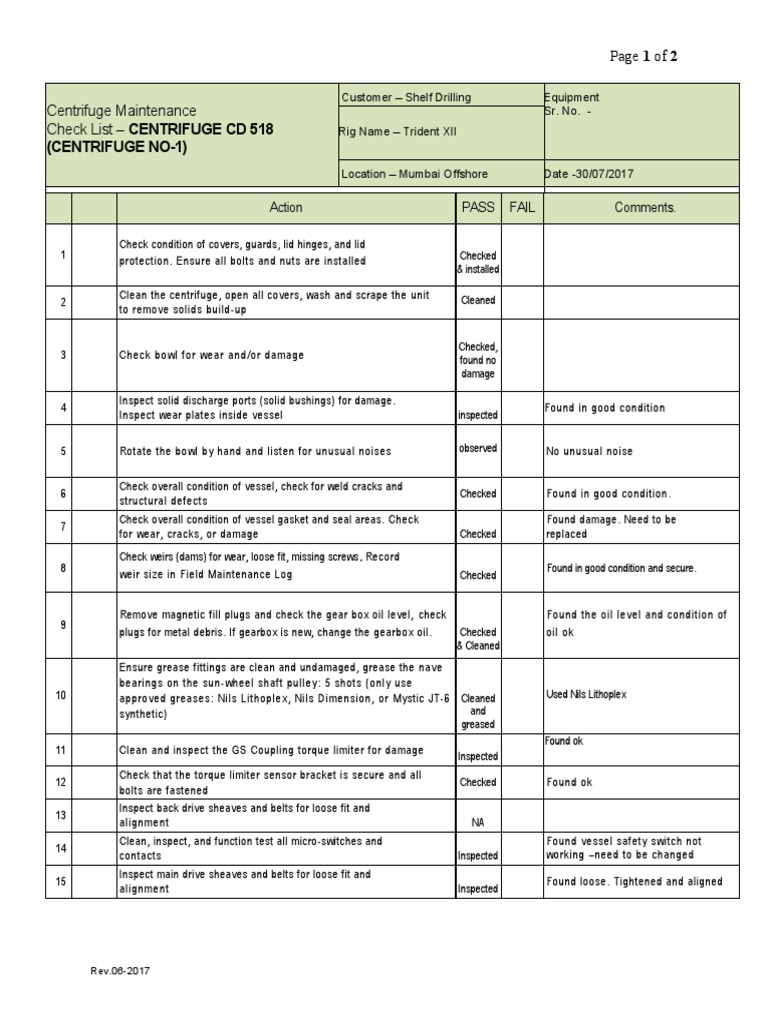 Centrifuge Maintenance Checklist | PDF | Screw | Tools
