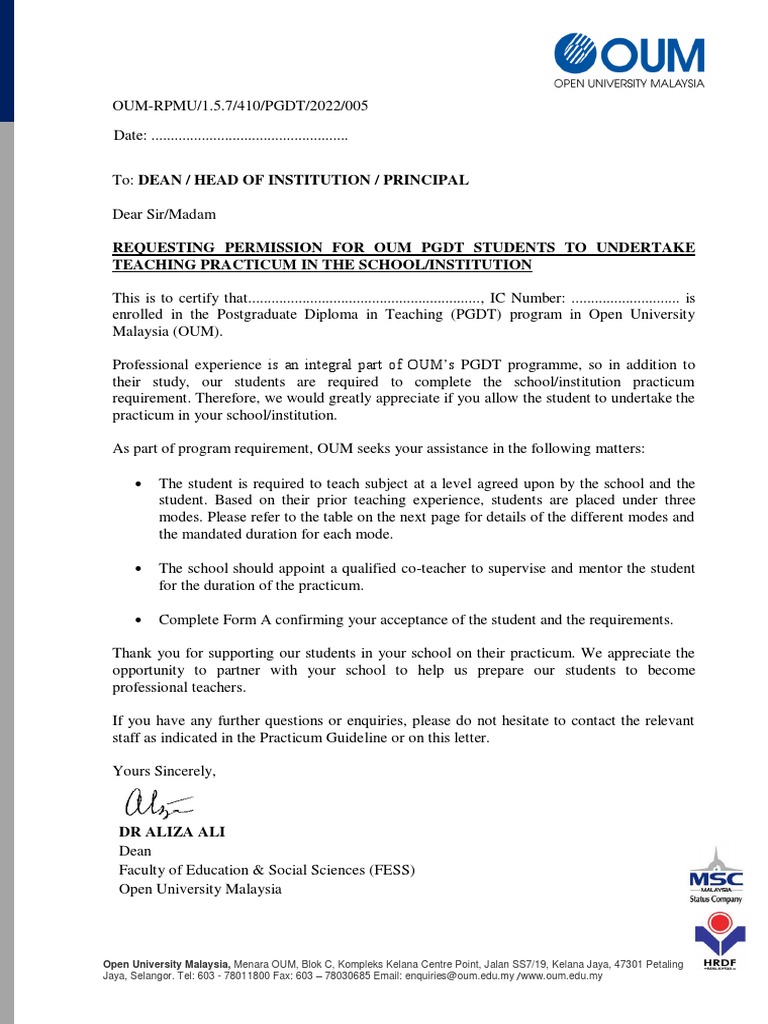 Appendix 1 - OUM Letter For Practicum Placement PGDT 2022 | PDF ...