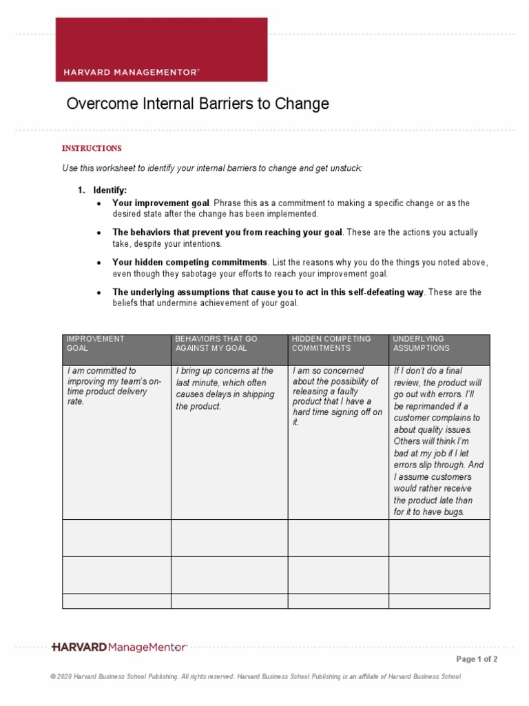 Worksheet Internal Barriers To Change PDF Goal Intention