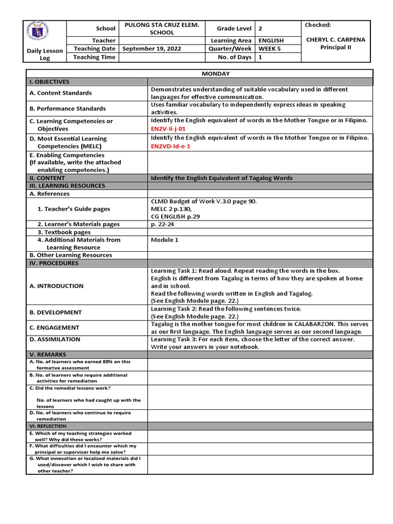 Dll idea format english q1 week 5 pdf english language learning
