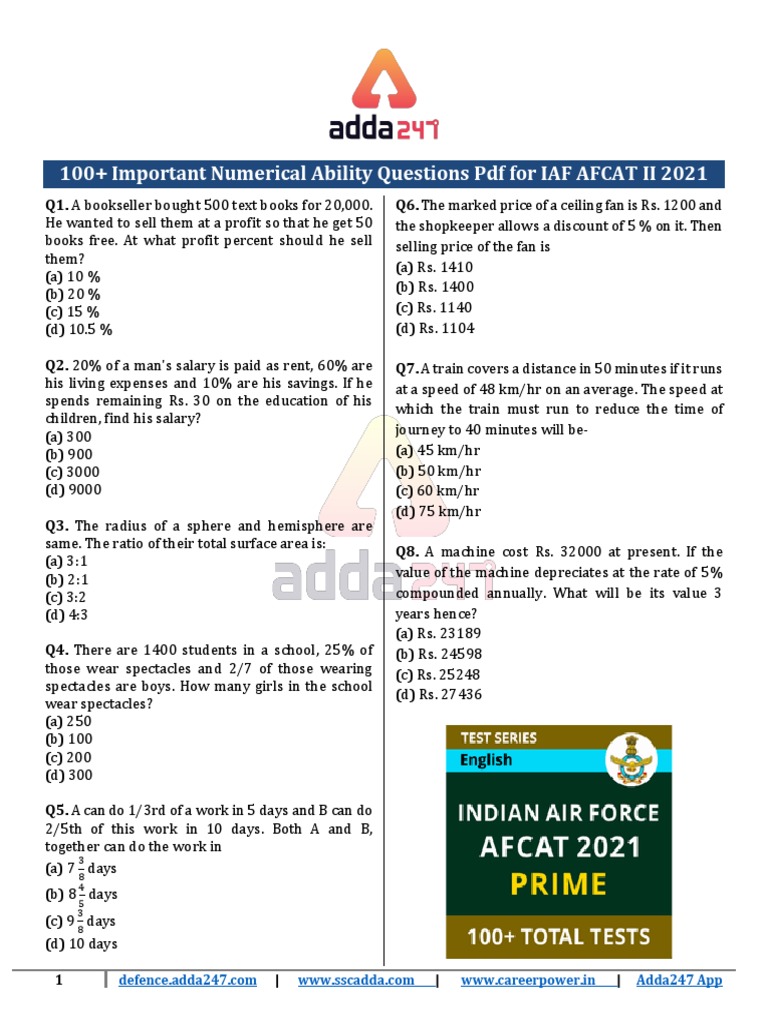 100 Important Numerical Ability Questions PDF For IAF AFCAT II 2021