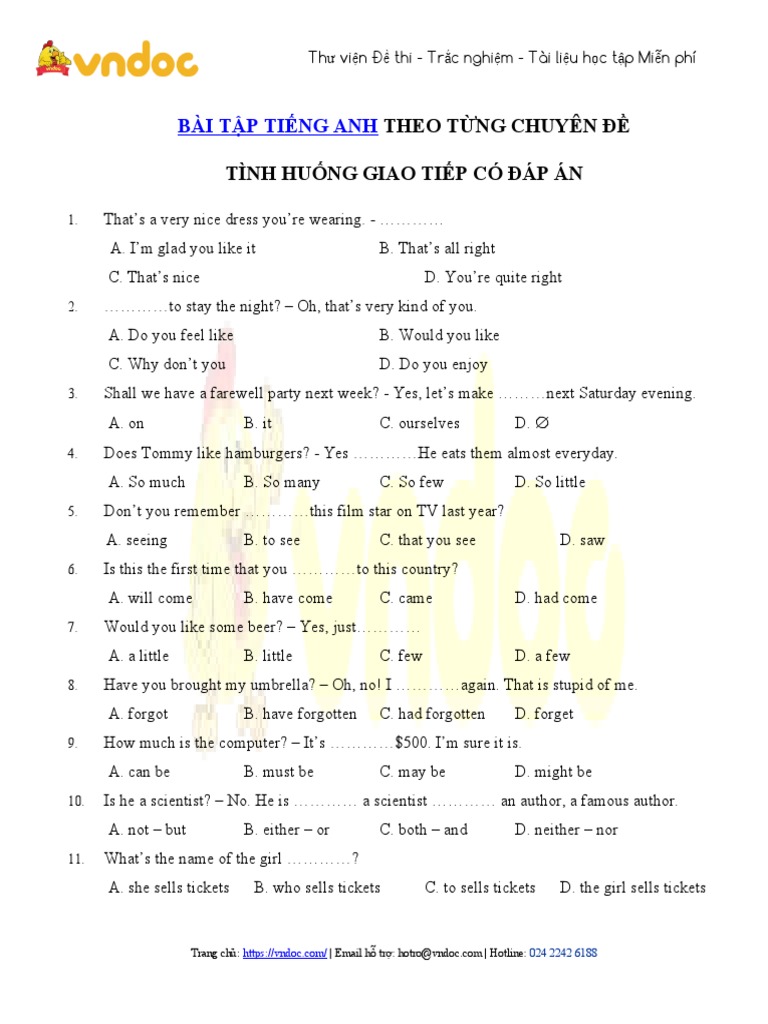 Bai Tap Trac Nghiem Giao Tiep Mon Tieng Anh | PDF