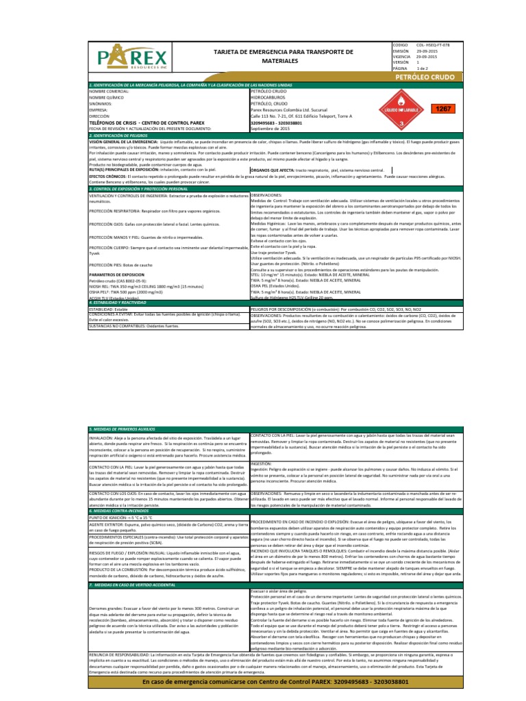 Tarjeta de Emergencia CRUDO | PDF | Combustión | Dióxido de carbono
