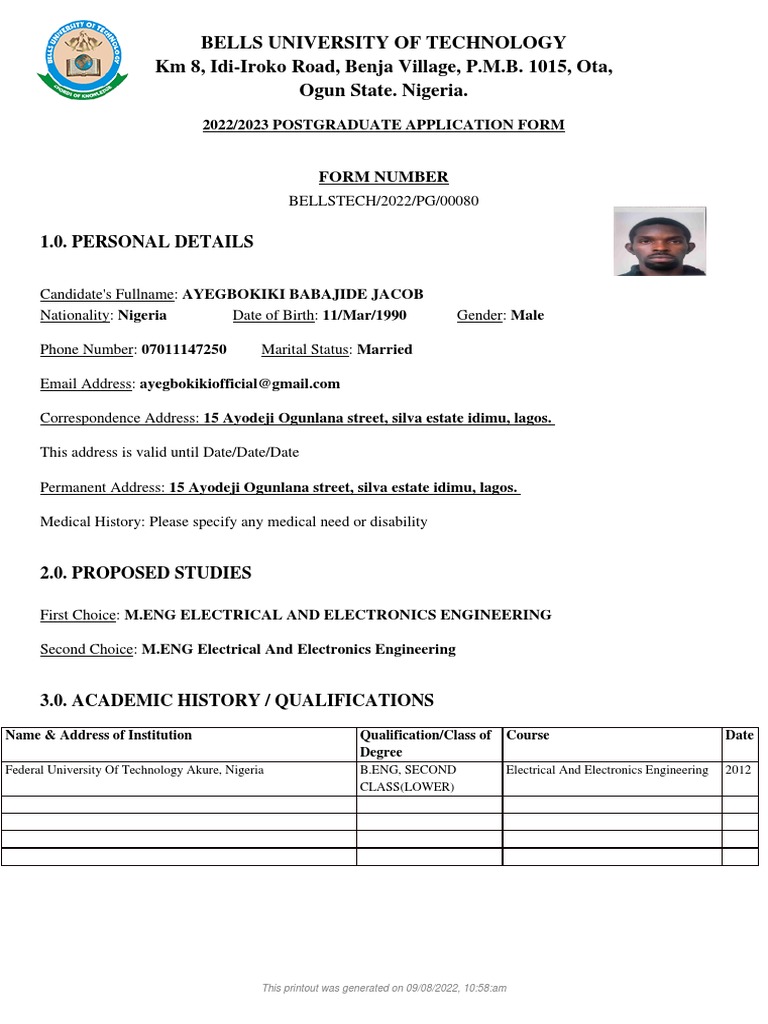 Bells University Postgraduate Application Form PDF Electrical Grid